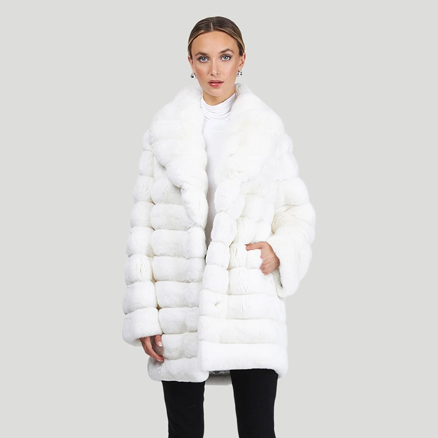 

Women's Natural Fur Coat WinterReal Fur Coat Lapel Genuine Rex Rabbit Fur Coat Luxury High Quality Long Jacket