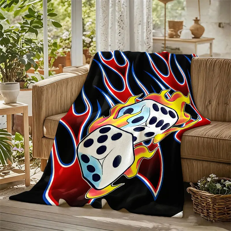 Flaming Dice Flames Black Flannel Blanket Perfect for Sofa Office Bed Travel Sleep Read Relax Camping Four Season Use
