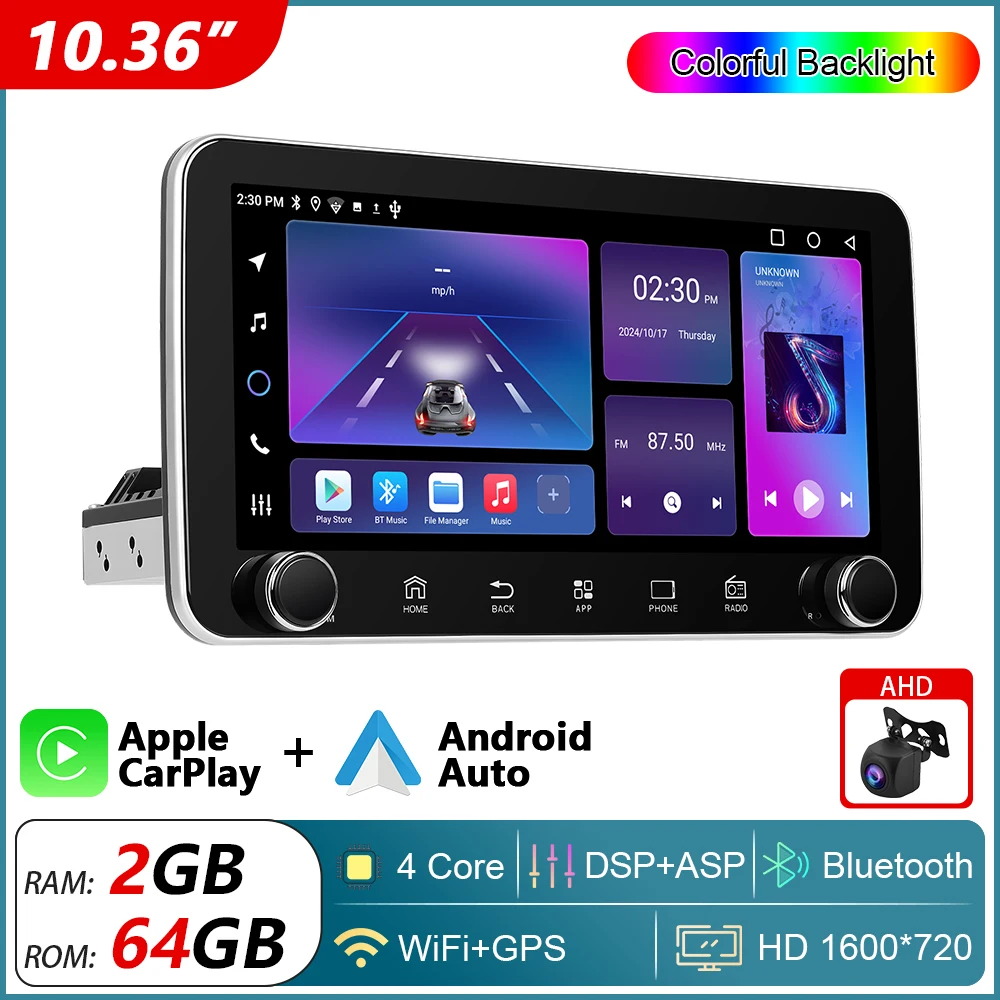 Podofo 10,36" IPS draadloze CarPlay Android autoradio 360 °   Roterend scherm Auto Multimedia Speler 1Din WIFI GPS Stereo Autoradio