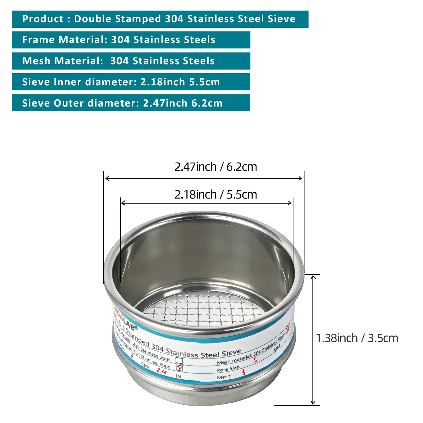 Sito testowe ze stali nierdzewnej 304, 6 cm, pełna skala 6-2800 mesh, precyzyjny filtr laboratoryjny do analizy cząstek stałych, gleby i proszku, mini sito. — zdjęcie produktu 5