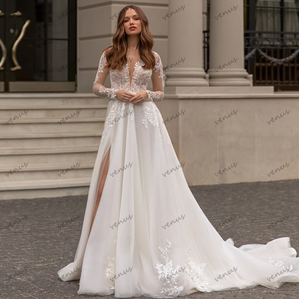 Vestidos De Novia Vintage con abertura alta, trajes De Novia con apliques De encaje, línea A, mangas completas para fiesta Formal