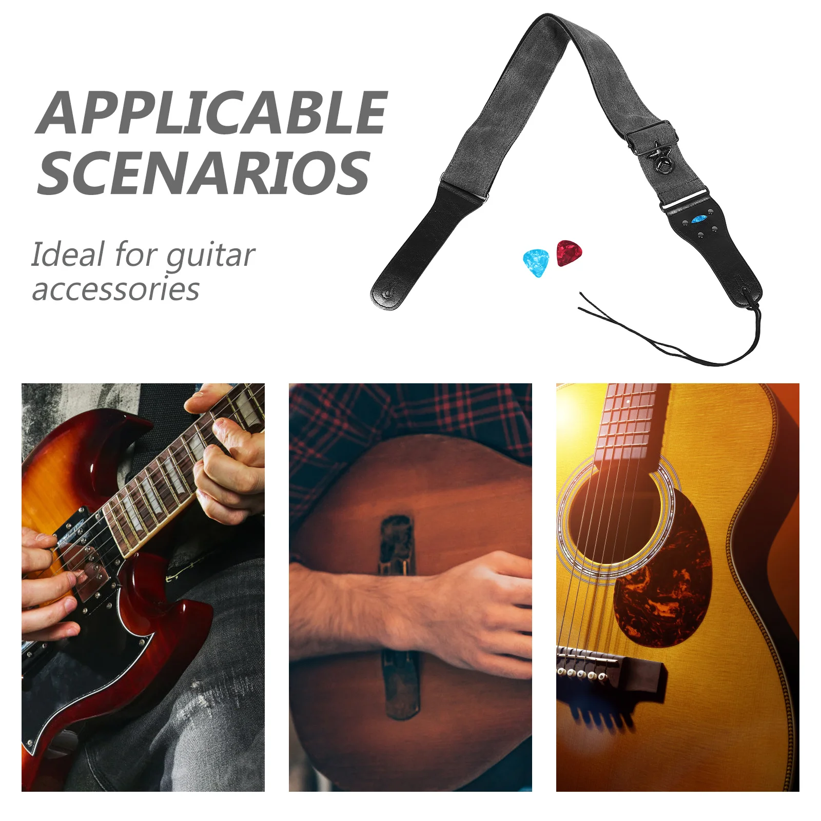 ギターストラップ：幅広の綿パッド入り、エレクトリック・アコースティック・ベース用に調整可能、頑丈で快適なヴィンテージデニムスタイル、ピック付き