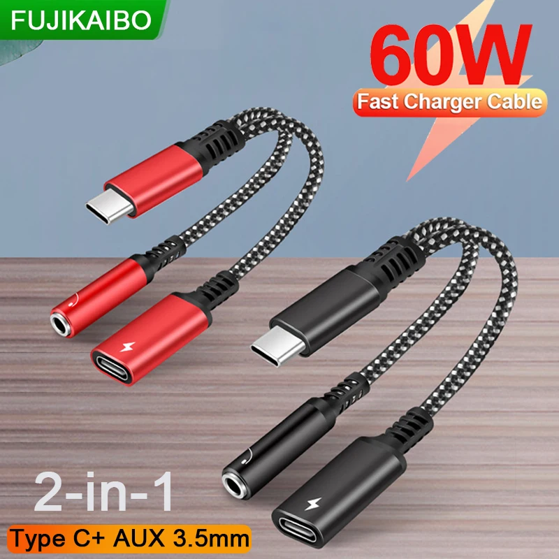 2in1 USB C To 3.5mm Headphone Jack Adapter 60W Type C Fast Charging Adapter For Ipad Pro Samsung S20 Ultra Xiaomi Huawei Earphon