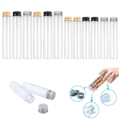 50Pcs 30ml-100ml Clear Test Tubes Clear Plastic Test Tubes with Gold Screw Caps Plastic Tubes for Craft Wedding Decor