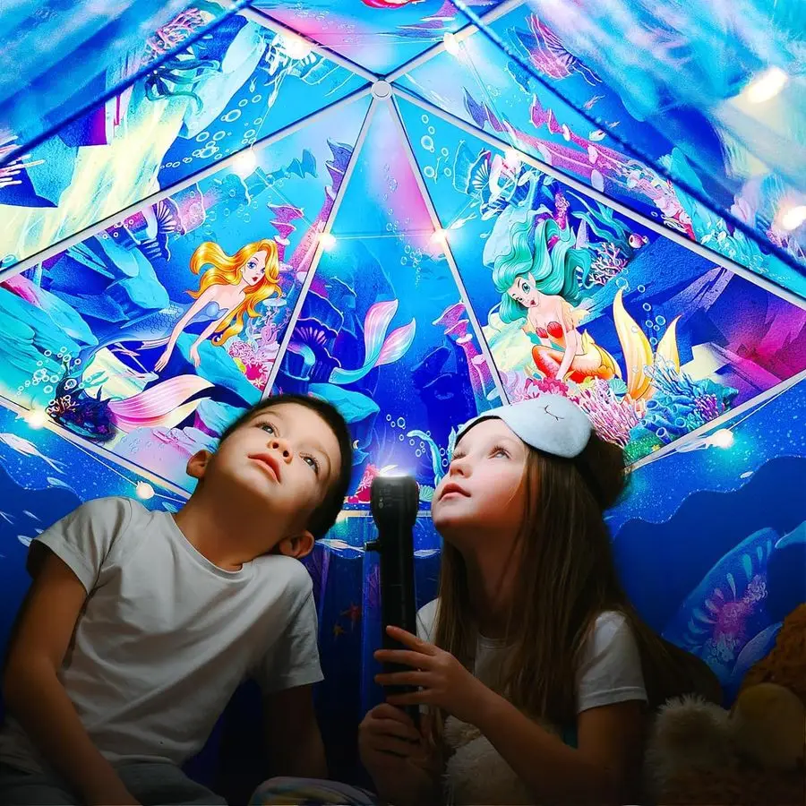 خيمة لعب حورية البحر للأطفال، بيت مسرح كبير للفتيات بعمر 312 عامًا، لعبة قلعة داخلية وخارجية للأطفال الصغار، 55 × 53 DxH