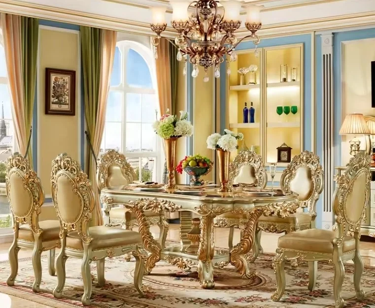 ^& Hot Selling European Style Luxury Gold Dining Furniture Carved Marble Grain Dining Table Set With 6 Chairs