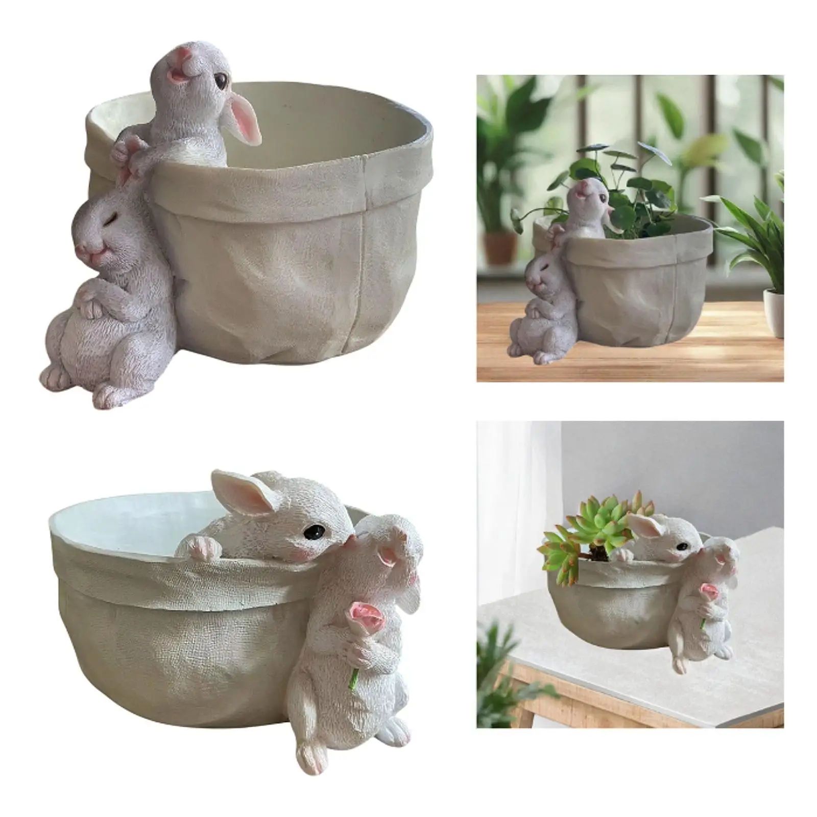 Decorative Planter Resin Flower Pot with Cute Bunny Statue for Office Desk Bedroom Garden Indoor Plants