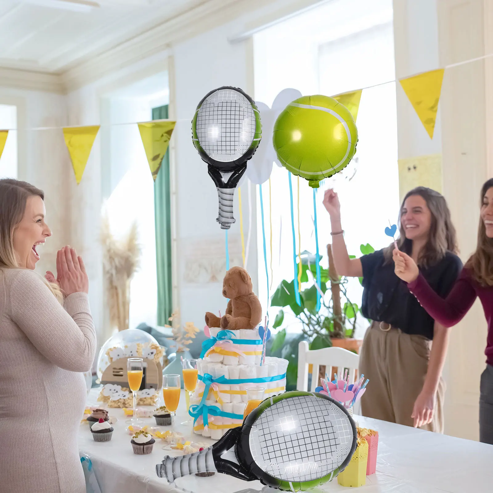 

1Set Tennis Ball and Racket Foil Balloons Fun Party Decor Durable Aluminum Inflatable Birthday Celebration Tennis Balloon Decor