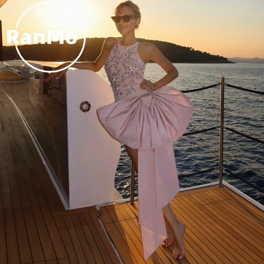 Ranmo Elegant Pink Bow Evening Gown Celebrity Party Dresses Detachable Big Bow Bodycon Short Prom Dress Women Birthday Club Gown