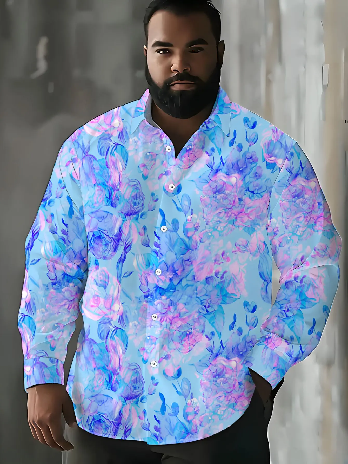 Men Plus Size Long Sleeve Button Down Shirt Blue‑Purple Watercolor Floral Print Polyester Lapel Collar Casual