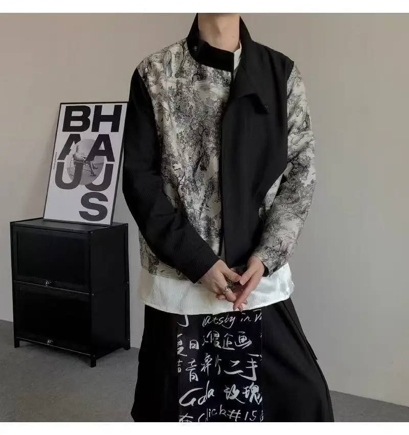 New Chinese Style Costume Men Women Water Ink Paintings Patchwork Standing Collar Jacket Niche Bisex Street Suit Han Elements