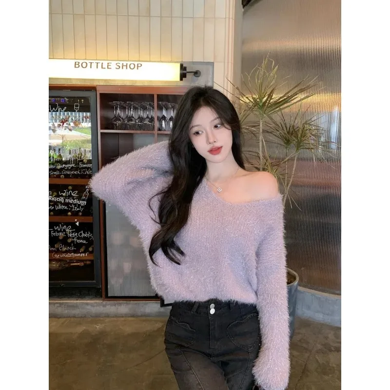 Idle Style Bright Silk Angora Women's Pullover Sweater Multi-Color Knitted Top For Autumn/Winter Simple Collar Korean Version