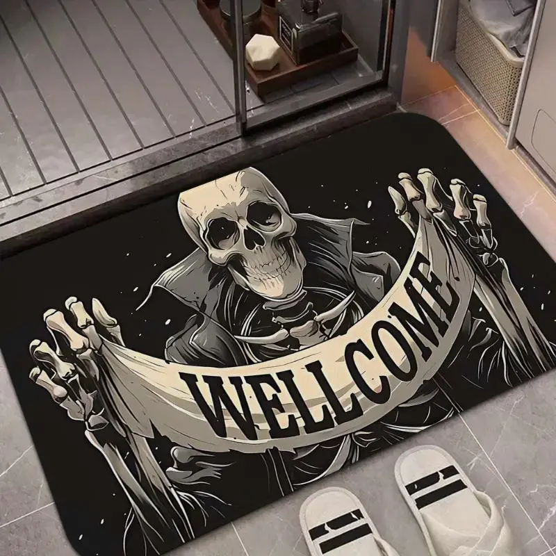 VIKAMA Gothic Skeleton Welcome Halloween Doormat, Spooky Skull Non Slip Floor Rug for Entryway Front Door Dark Home Decor