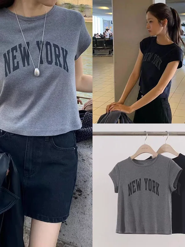 Korean Style Short Sleeve T-Shirt Letter Print Slim Fit Cotton round Neck Sweat Absorbent Ladies Fashion Commute Style Top
