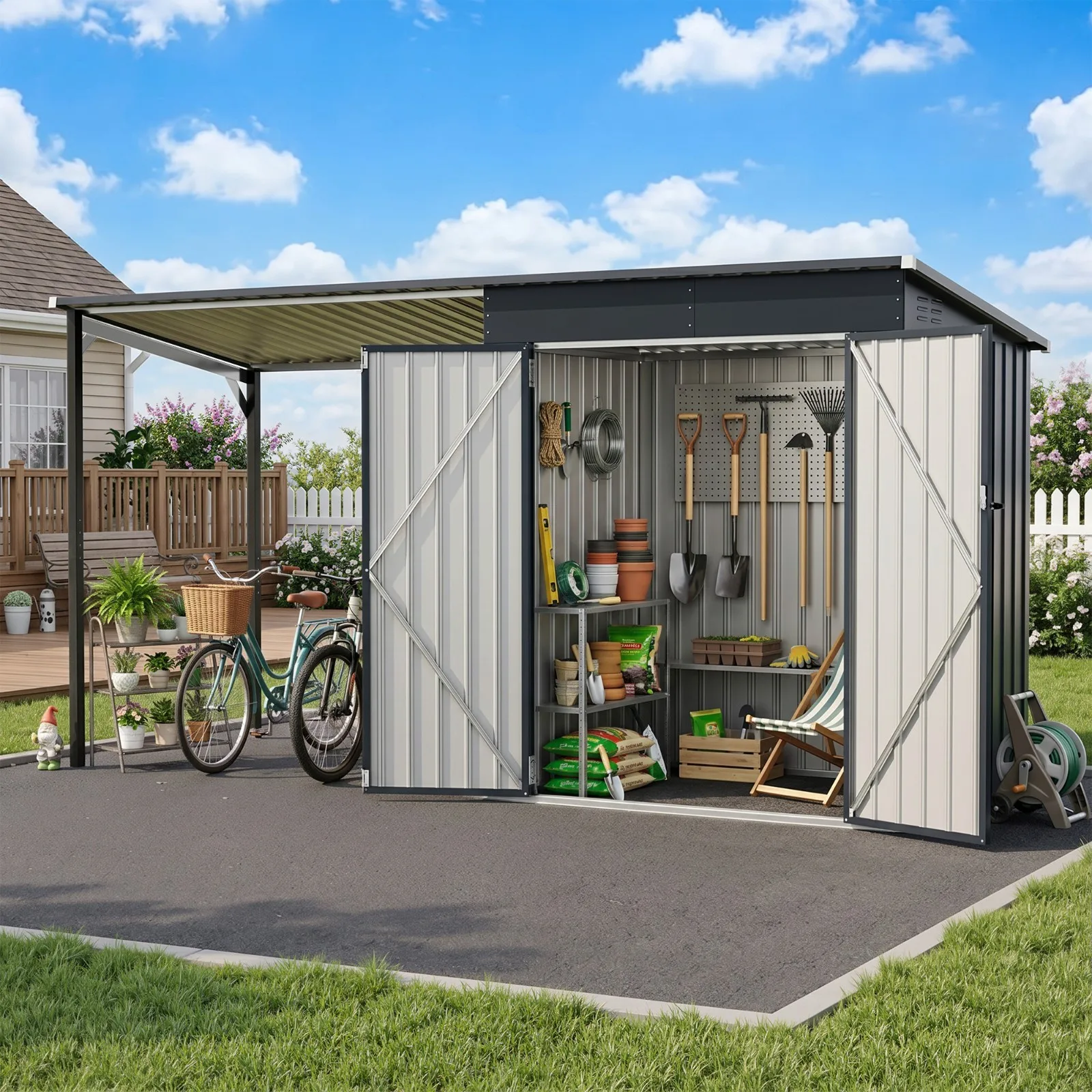 Outdoor Open-Sided Metal Storage Shed with Hardtop Metal Gazebo，2-in-1
