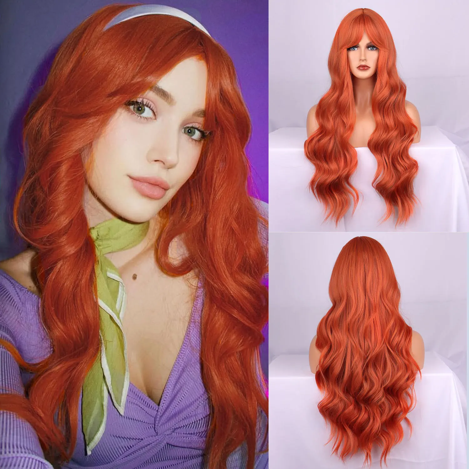 

European and American new wig woman, bright orange big wave curly long hair medium chemical fiber hair cover