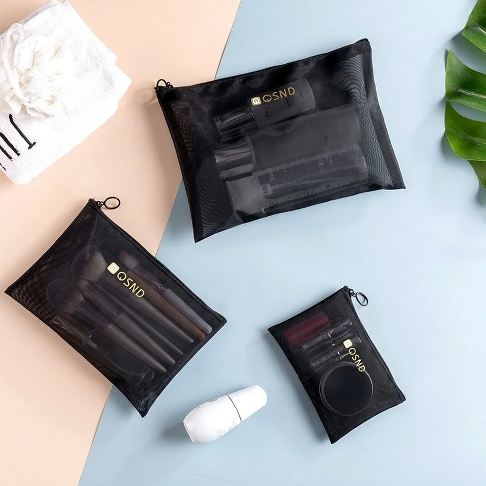 Borsa cosmetica a rete nera con cerniera borsa da viaggio per trucco da toilette portatile da viaggio con cerniera