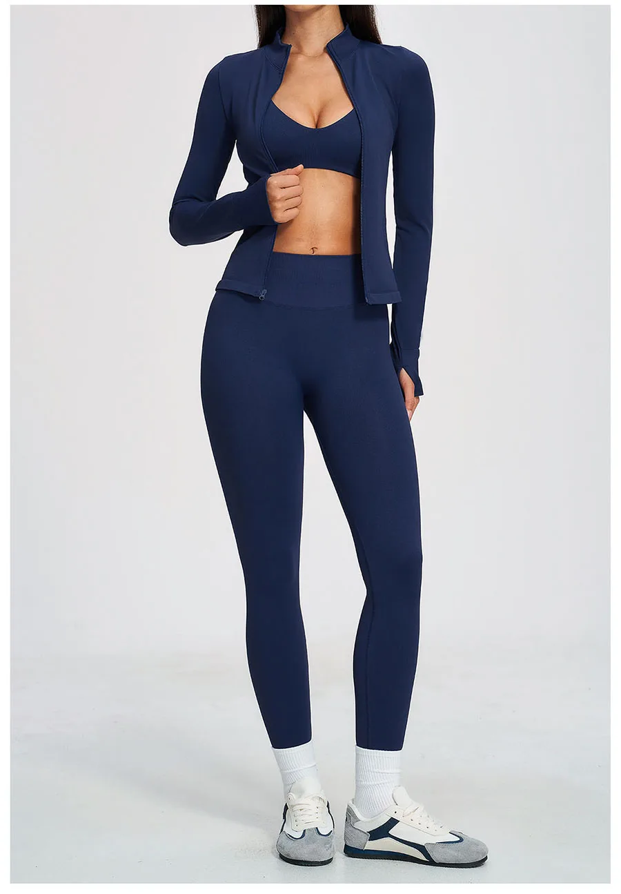 Nahtloses Yoga-Set 3-teilig, Sportbekleidung für Damen, Langarm-Trainingsanzug, Fitness-Set, Sport-BH, Leggings, Sportanzug – Detail 15