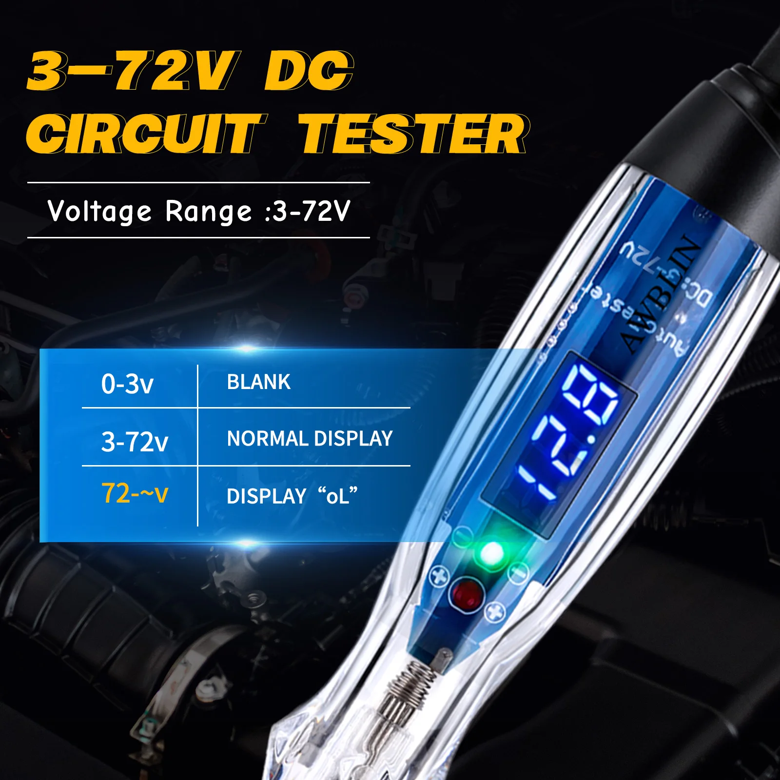 AWBLIN Test Light Probe Kit, 3-72V DC LED Digital Automotive Circuit Tester with Voltmeter, 18 Pieces Multi Function Auto Fuse