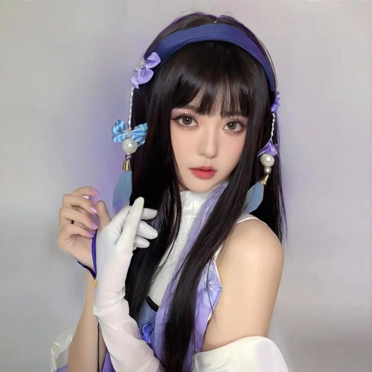 Peluca de cosplay de piel original de Honor of Kings Xishi |   Gorro completo de pelo largo y liso negro para convenciones