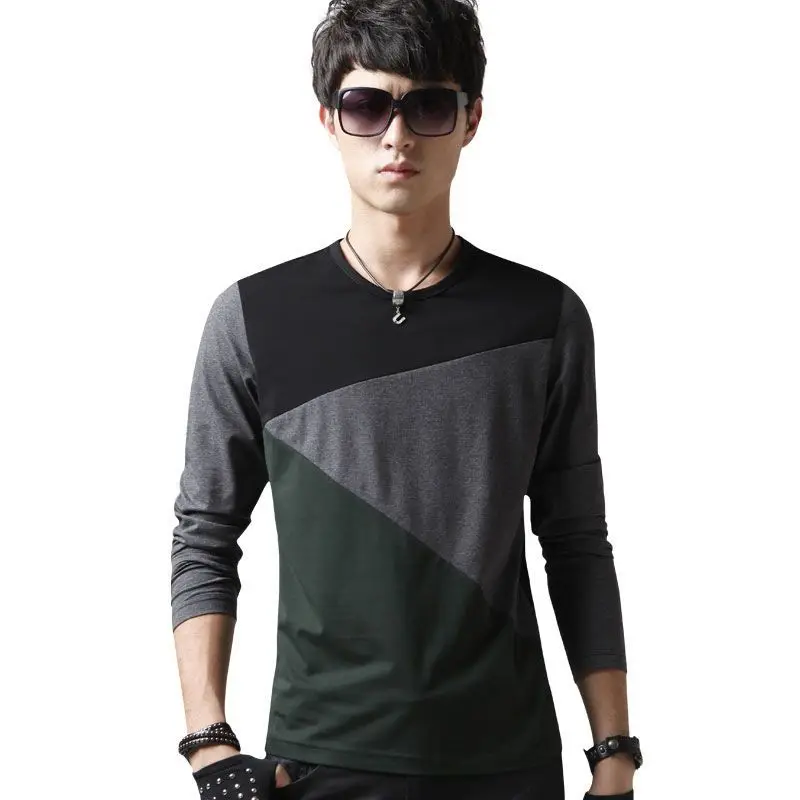 Spring Autumn Wear Cotton Men's Long-sleeved T-shirt Splicing Contrasting ONeck Large Size Top Youth Large Size Bottoming Shirt
