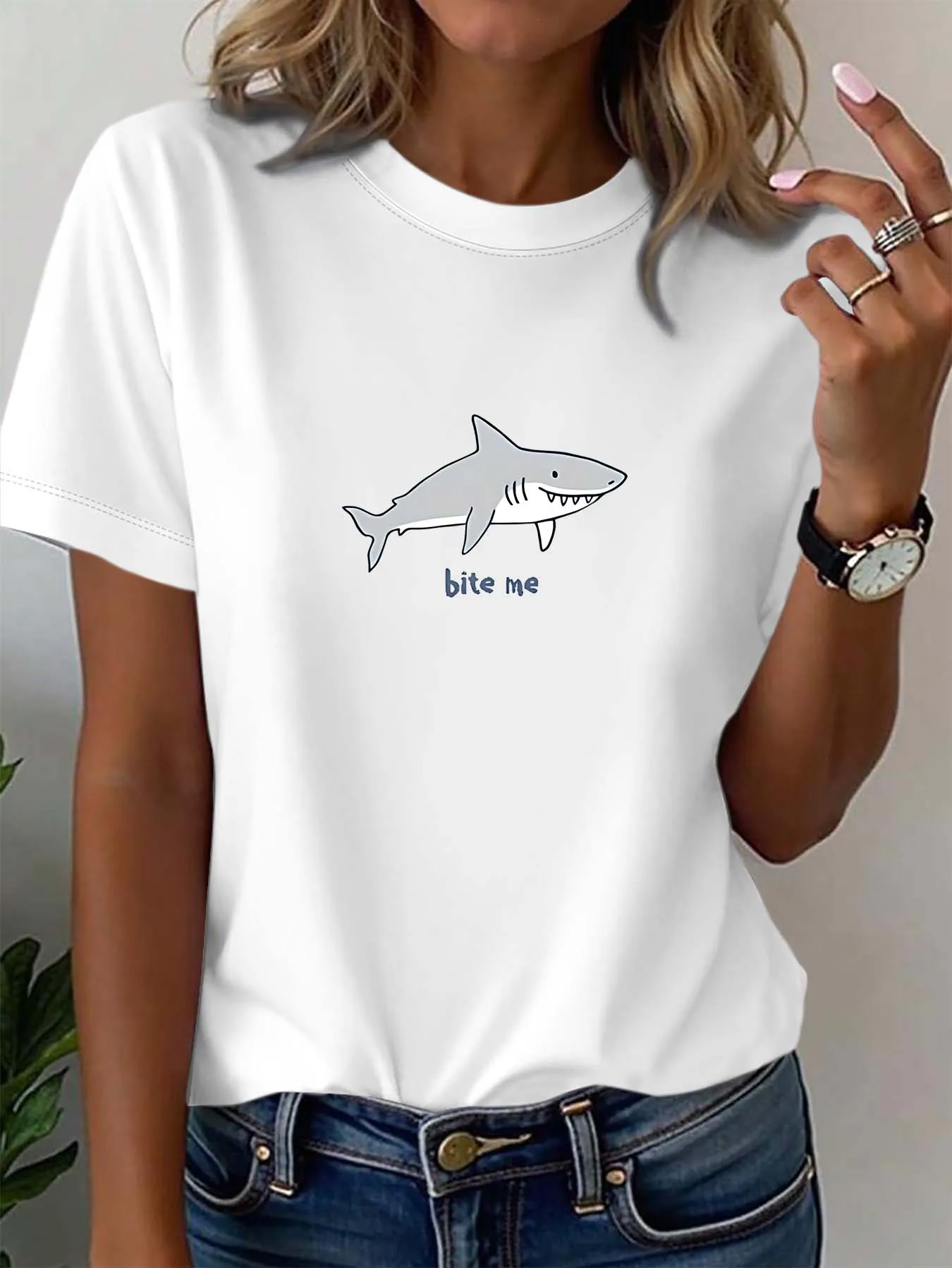 

Plus - Size Cartoon Shark - Themed T-shirt in Six Colors Cropped - Unique Print on The Sleeves