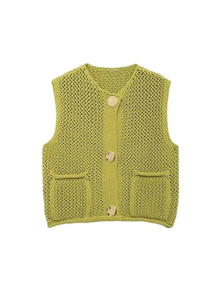 GELITAYIN TRZA-Women's Knitted Vest Sweater With Golden Buttons, O-Neck, Sleeveless, Patch Pockets, Female Outerwear, Chic Tops,