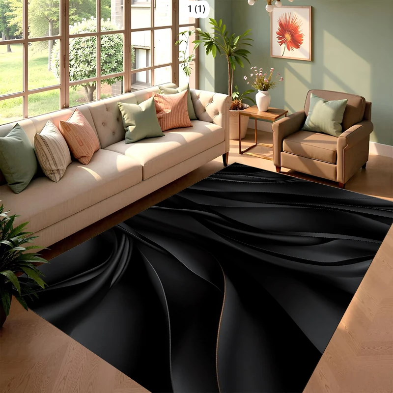 Modern Abstract Black and White Curved Pattern Area Rug, Soft Non-Slip Indoor Outdoor Floor Mat for Bedroom and Living Room