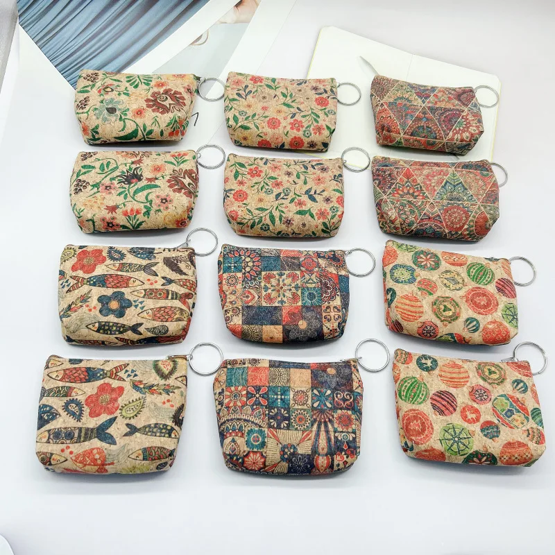 

12pcs Coin Purses Women Cork Leather Fish Flower Printing Square Short Wallet Mix Color
