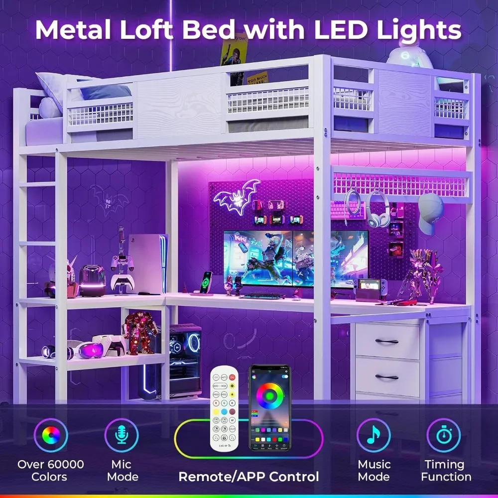 Loft Bed Twin Size with L-Shaped Desk, LED Lights,Charging Station, Twin Metal Loft Bed Frame with Fabric Drawers & Shelve