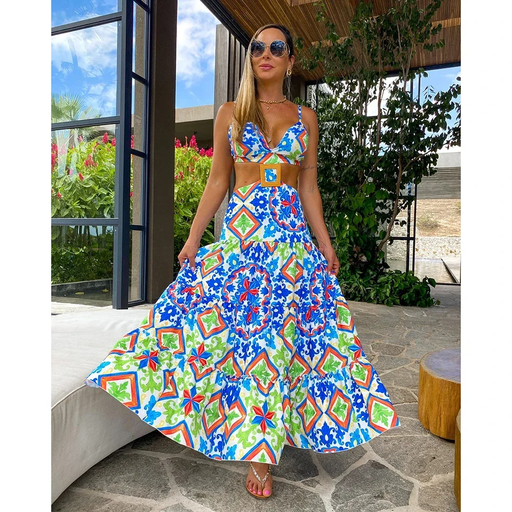 2026 New Cover Up Swimsuit Beach Dress Women Summer Ladies Print V Neck Crossover Tie Dress Bathing Suit Beach Wear Tunic