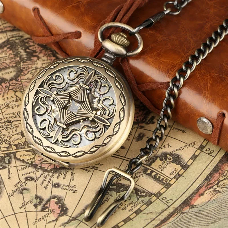 

Retro Hollow Case Pocket Watches Steampunk Skeleton Handwinding Mechanical Pendant Clock with Chain Gift To Men Women reloj
