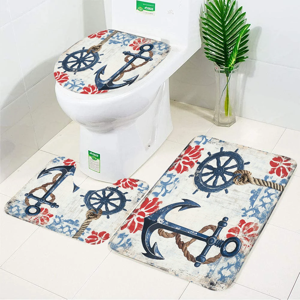 3pc Anchor shaped Navigation Flag Bathroom Floor Mat Set Anti slip Mat Toilet Lid Cover Bathroom Bath Rug Shower Carpet