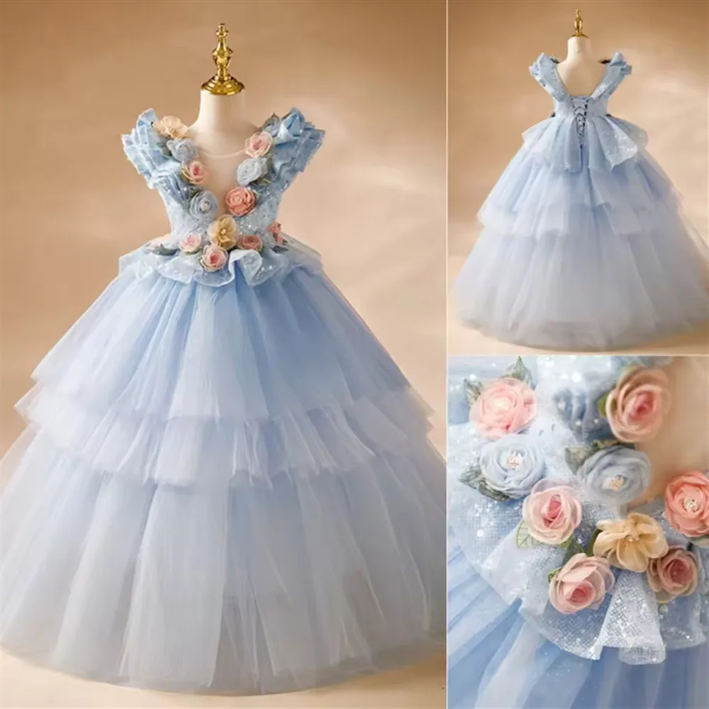 

Blue Flower Girl Wedding Dress Pageant Gown 3D Floral Appliques Sequins Ruffles Princess Birthday Party First Communion Gown