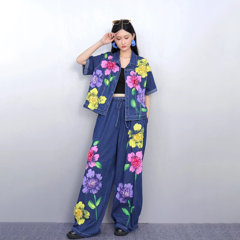 WTHT 빈티지 2025 여름 여성 정장 인쇄 반팔 데님 코트 드로잉 탄성 높은 허리 스트레이트 진 세트 여성 1LS1917