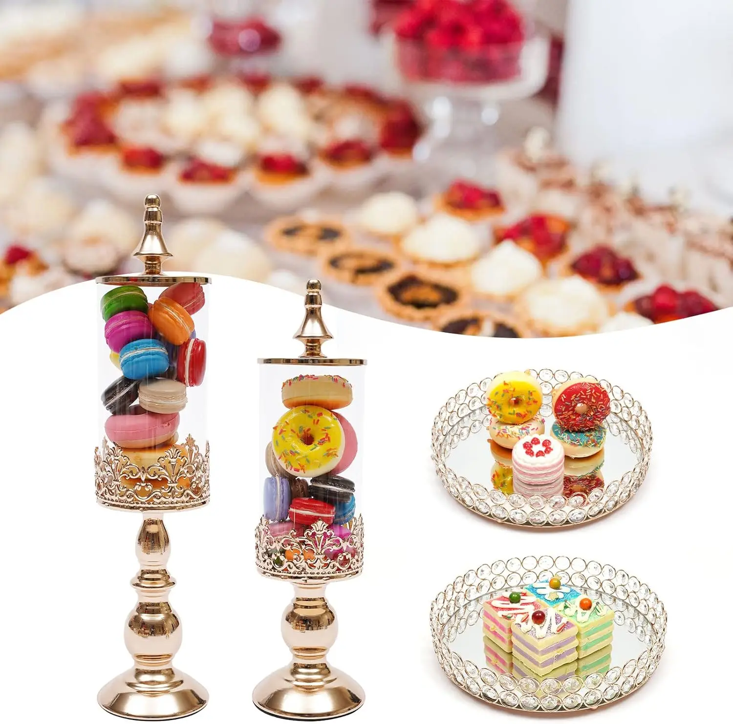 Cake Stands Set Metal Cupcake Holder Cake Tray Crystal with Acrylic Mirror Dessert Display Plate Decor Serving Platter for Party