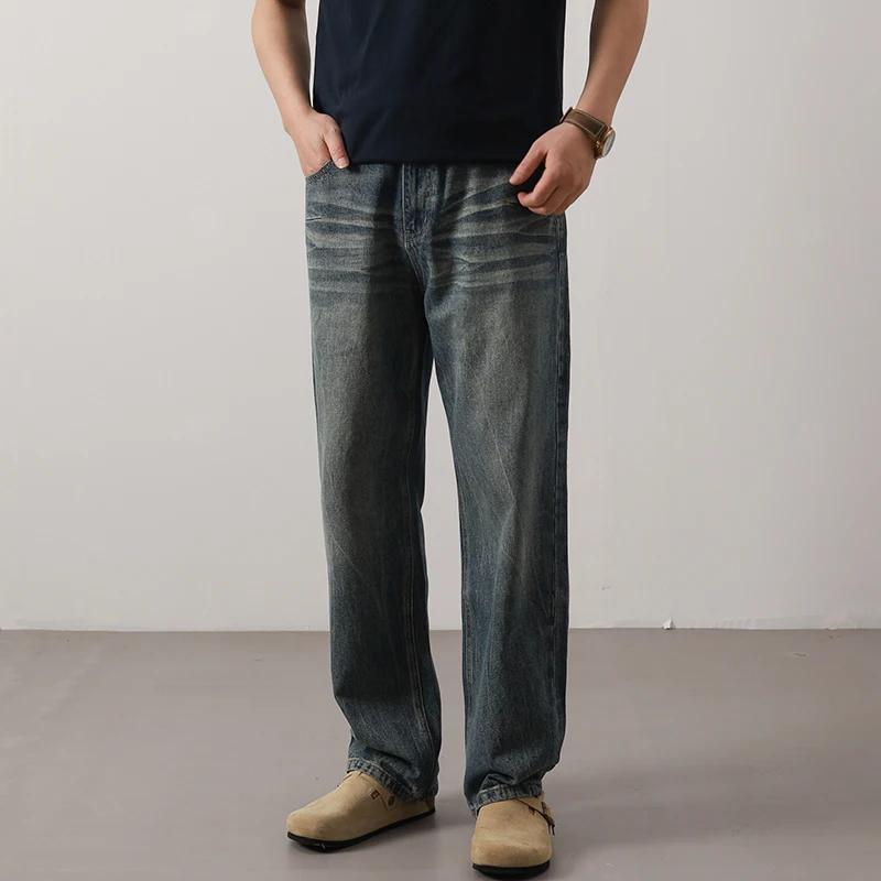 

American Sle Casual Waed Treebark Pattern Men's Jeans Youth Loose Straight Leg Versatile Wide Leg Casual Long Pants