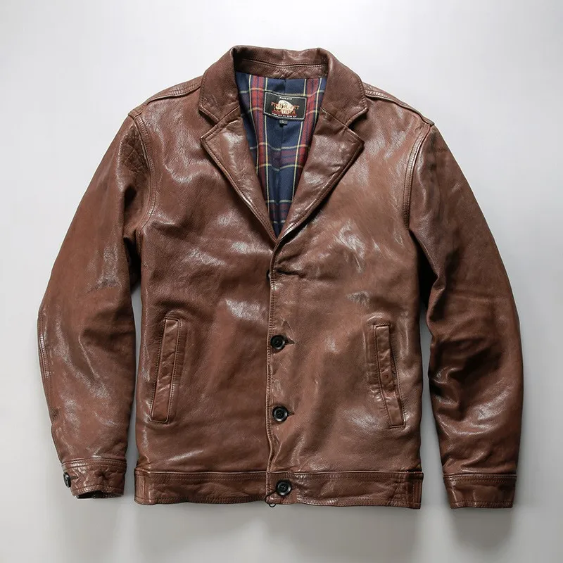 Casual heavy-washed pleated grain leather small suit lapel all-vegetable-tanned
