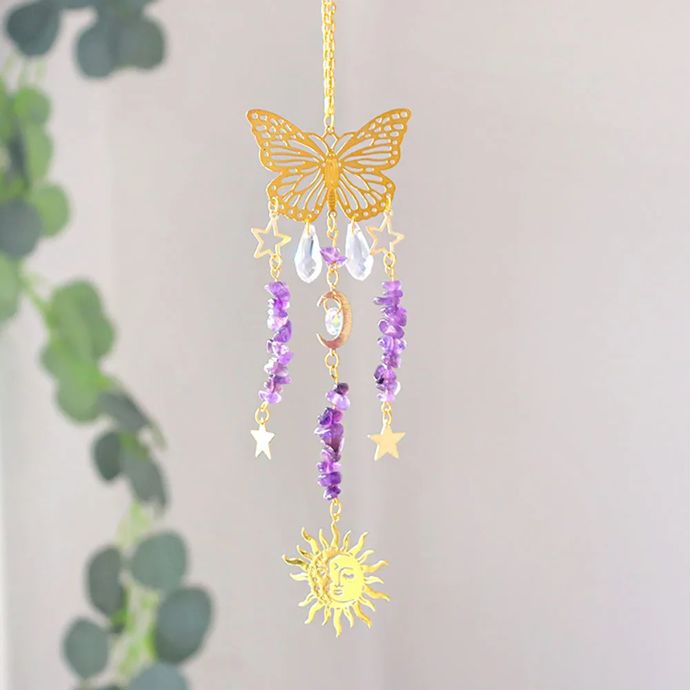 Custom Amethyst Chip Stone Butterfly Sun Catcher - Glass Pendants Hanging Ornament for Window Decor