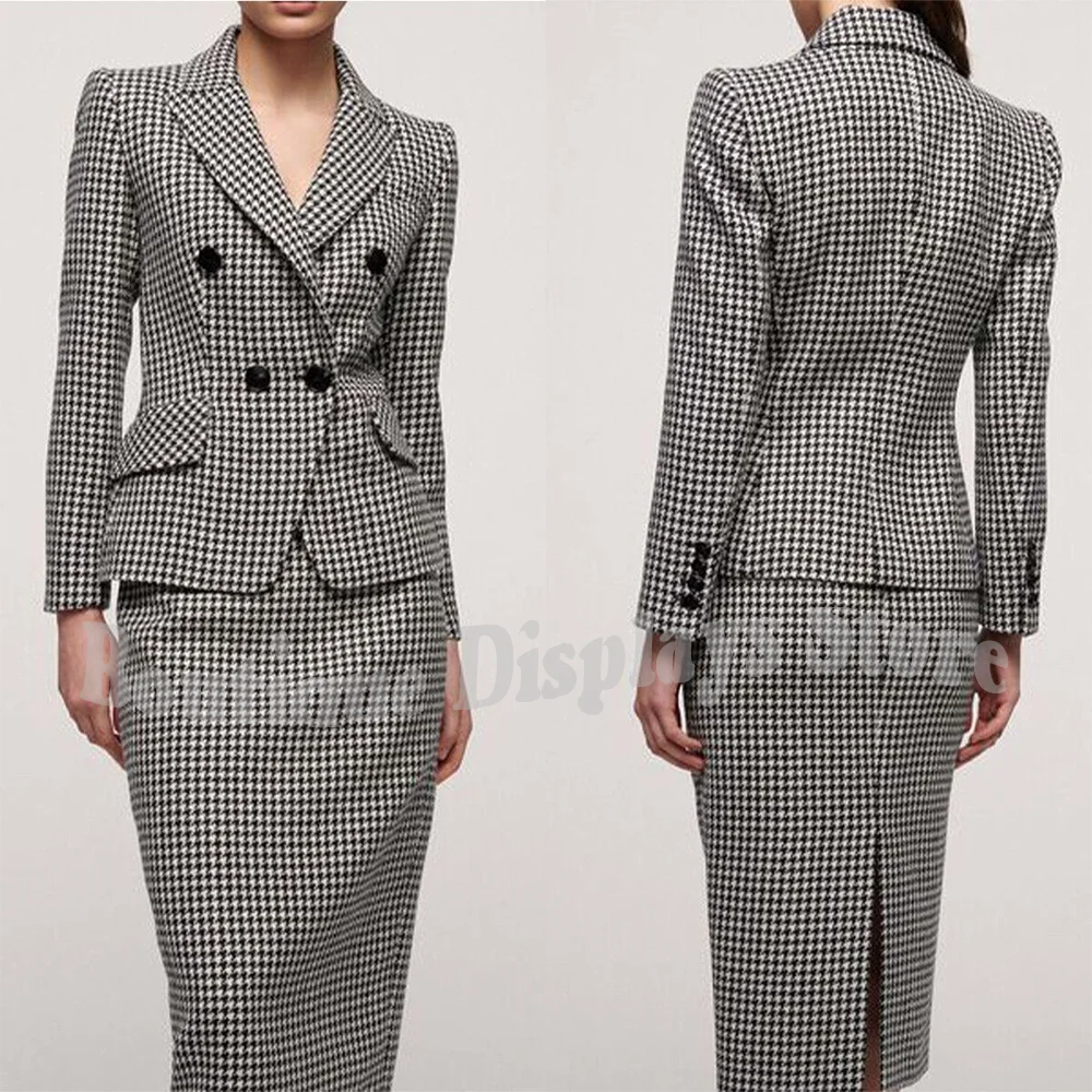 Classic Houndstooth Women's Suit Two Pieces Modern Style Double Breasted Peak Lapel Slim Fashion Clothes Set Jacket With Skirt