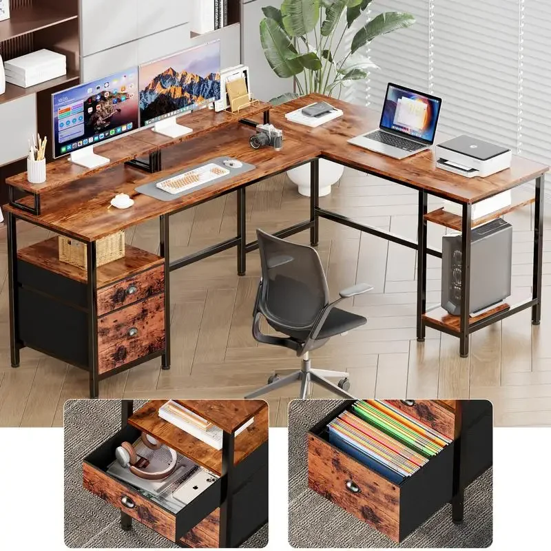 Furologee 59” Computer Desk with File Drawer & 2 Monitor Stands, Home Office Desk, Reversible L Shaped Desk with Power Outlet