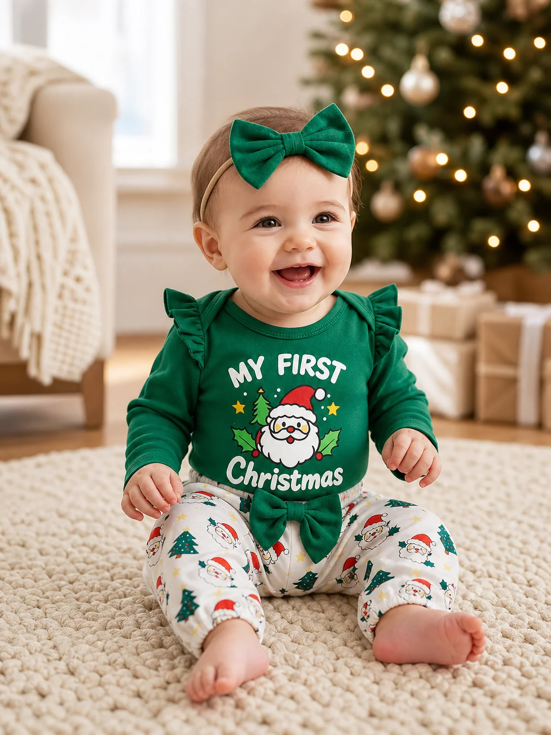 Soft Cotton My First Christmas Baby Girl Outfit with Ruffle Long Sleeve Santa Bodysuit Printed Pants And Bow Headband 3Pcs Set