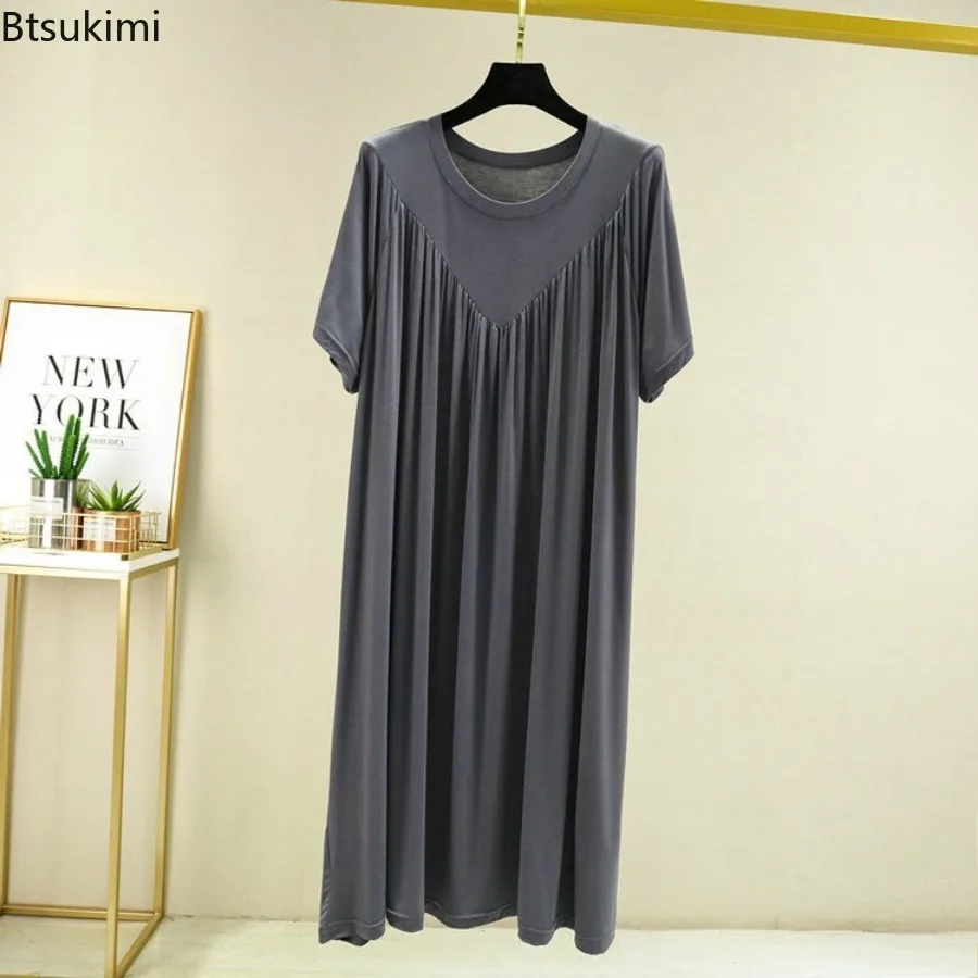 Modal Nightgown Women Cotton Clothes for Summer Loose Large Size Casual Short-sleeved Night Dress Pleated Thin Home Long Dress - view 6