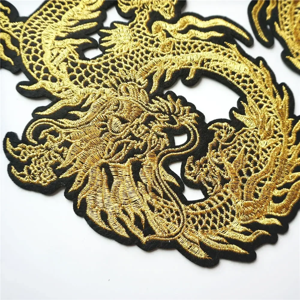 2PCS Chinese Gold Dragons 29CM Embroidered Patches Sew Iron On Badges For Dress Bag Jeans Hat T Shirt DIY Appliques Craft Decor