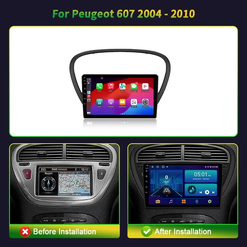 Per Peugeot 607 2004-2010 Android 14 Auto Radio Car Multimedia 4G WIFI GPS Schermo di Navigazione Wireless Carplay Unità di Testa Stereo