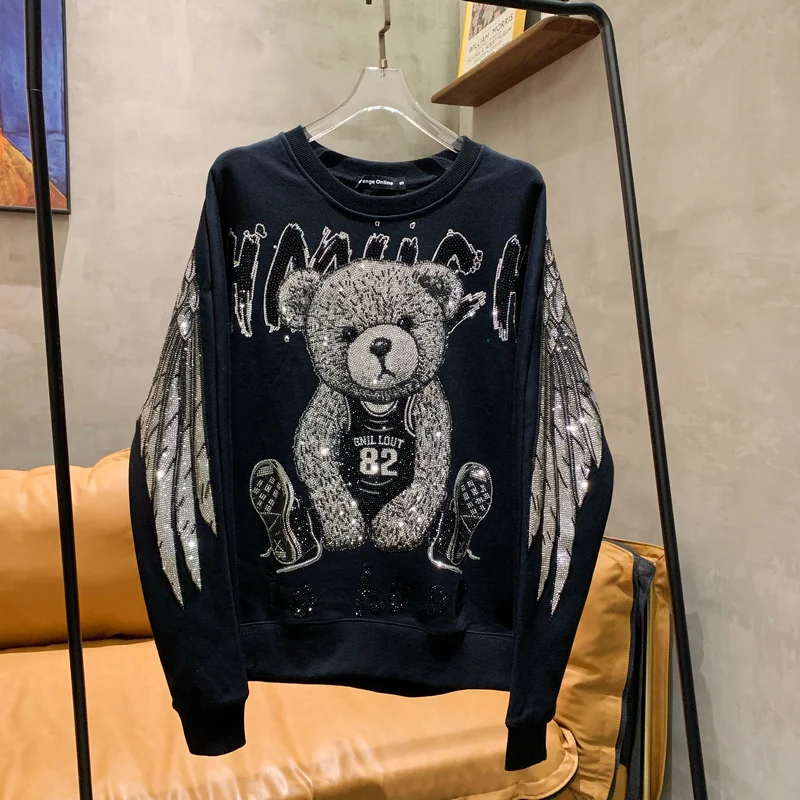 Sudadera con capucha de algodón de manga larga para hombre y mujer, jersey negro con alas de oso de diamantes de imitación, ropa de calle superior, Sudadera con cuello redondo, suelta