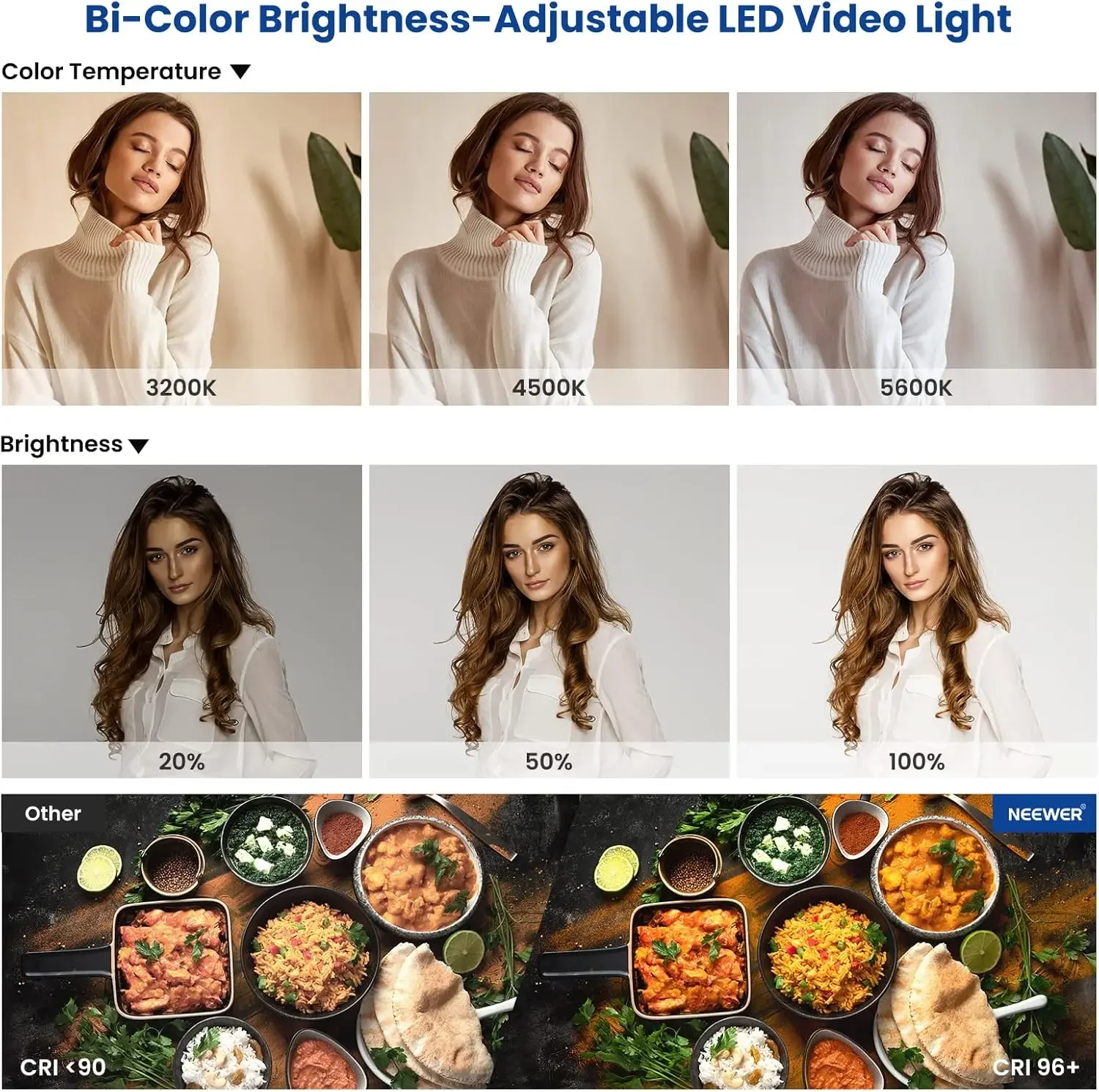 Kit de luz de vídeo e suporte LED Bi Color 660 de 2 pacotes: (2) 3200-5600K CRI 96+ luz regulável com suporte em U e barndoor, (2)