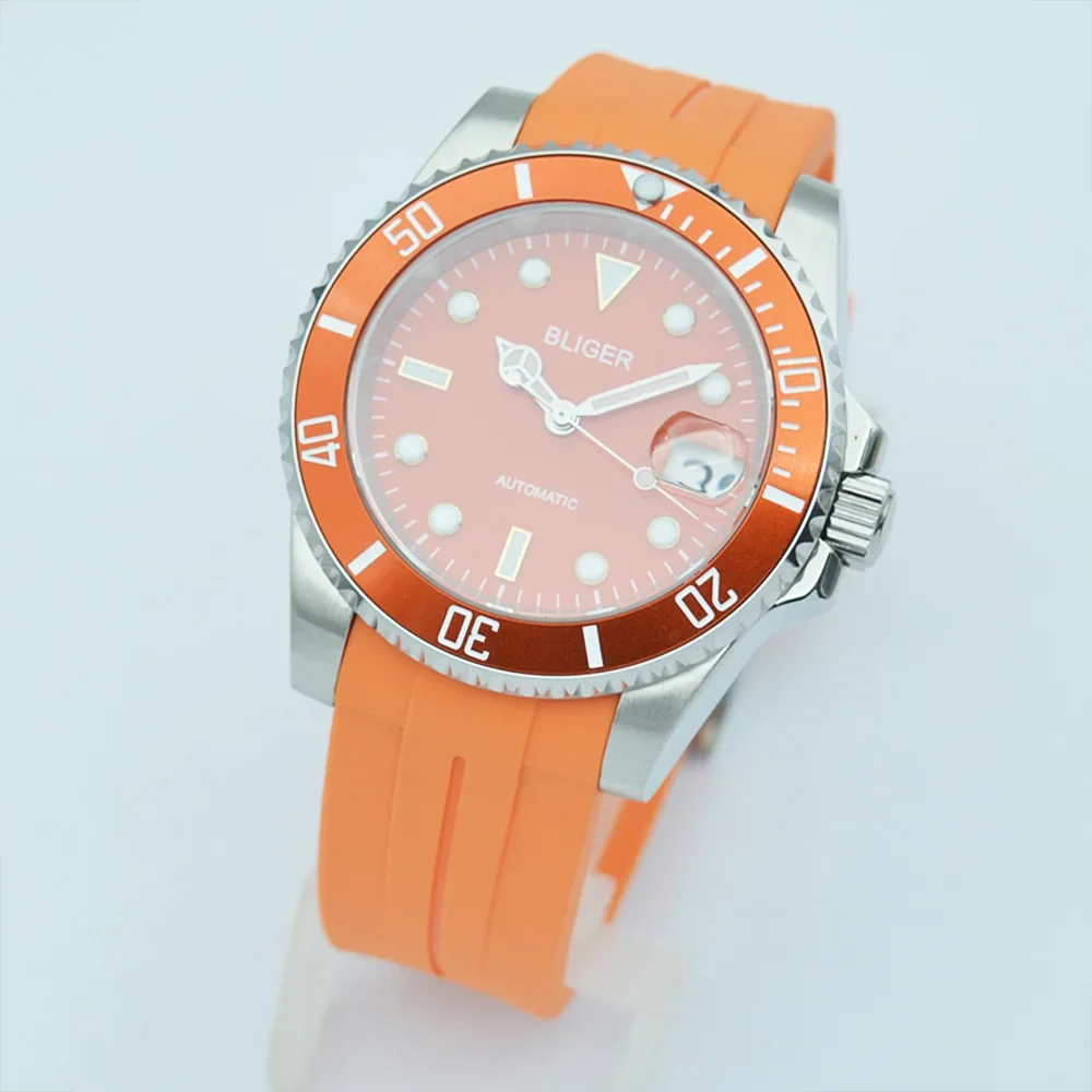 40mm Orange Mechanical Watches NH35A Automatic Self-Winding Movement See-through Glass Back Sapphire Crystal Custom logo Watches