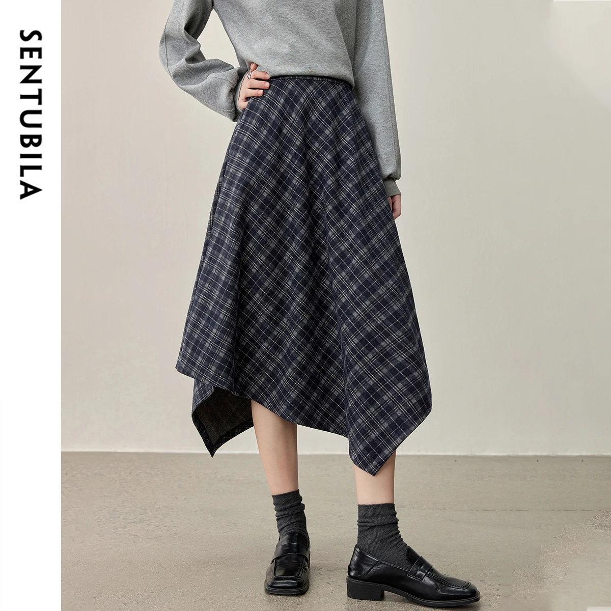 

SENTUBILA Women's Skirts Loose Midi Waist Irregular Plaid Long Ladies Skirt Elegant 2025 New 153QE2863