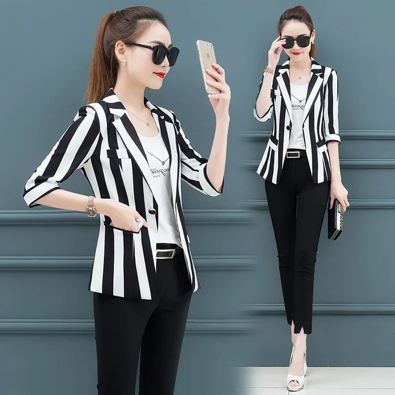 Casual Blazer Fashion Black and White Suit 2024 Spring Autumn Women Blazers Coat New Ladies Temperament Casual Striped Jacket